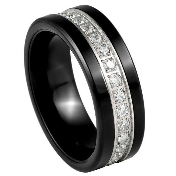 8mm Dome Round CZ Black plated Prong set Tungsten Wedding Band Ring